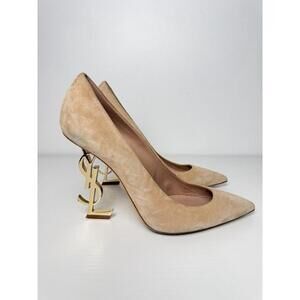 Saint Laurent Opyum 110 Pumps SZ 38 Nude Suede YSL Logo Gold Heel Authentic